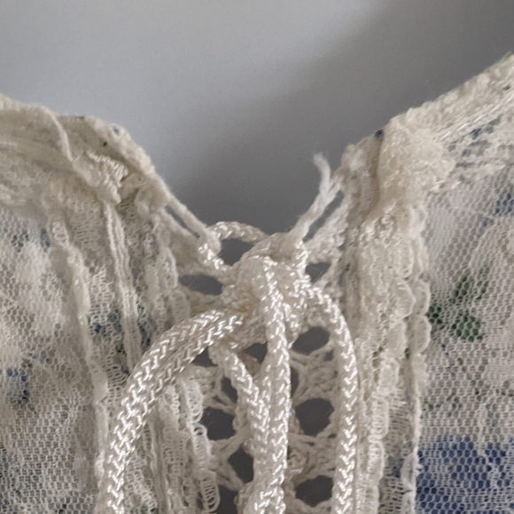 Gunne Sax White Sheer Pillow Sleeve Corset Lace Up Blue Floral Prairie Dress - Picture 15 of 16